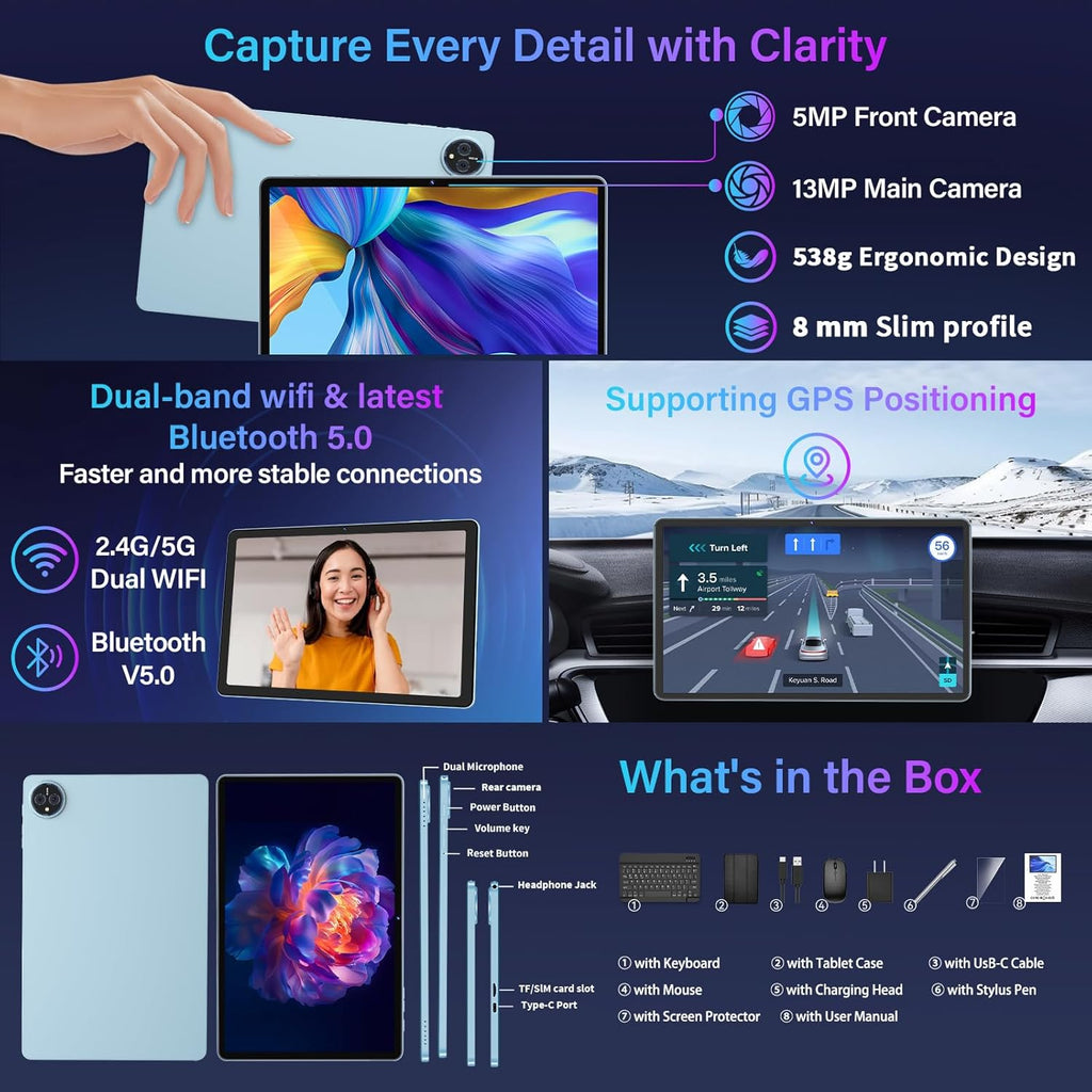 2026 11 Inch Tablet, Android 15 Tablet with Keyboard, 24GB+256GB+2TB Expand, Gemini AI Tablets PC with 8-Core, 8000mAh, 5G WiFi, Widevine L1, GPS, 2 in 1 Large Tablet with Case, Mouse, Stylus (Black)