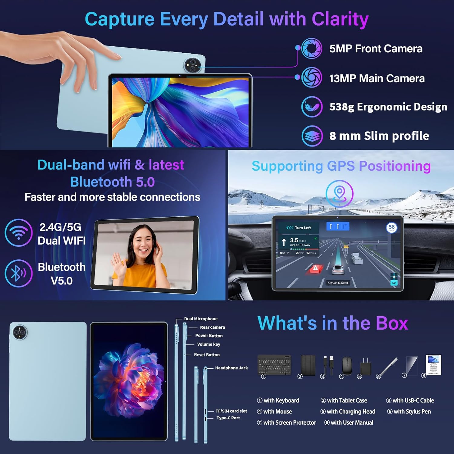 2026 11 Inch Tablet, Android 15 Tablet with Keyboard, 24GB+256GB+2TB Expand, Gemini AI Tablets PC with 8-Core, 8000mAh, 5G WiFi, Widevine L1, GPS, 2 in 1 Large Tablet with Case, Mouse, Stylus (Black)
