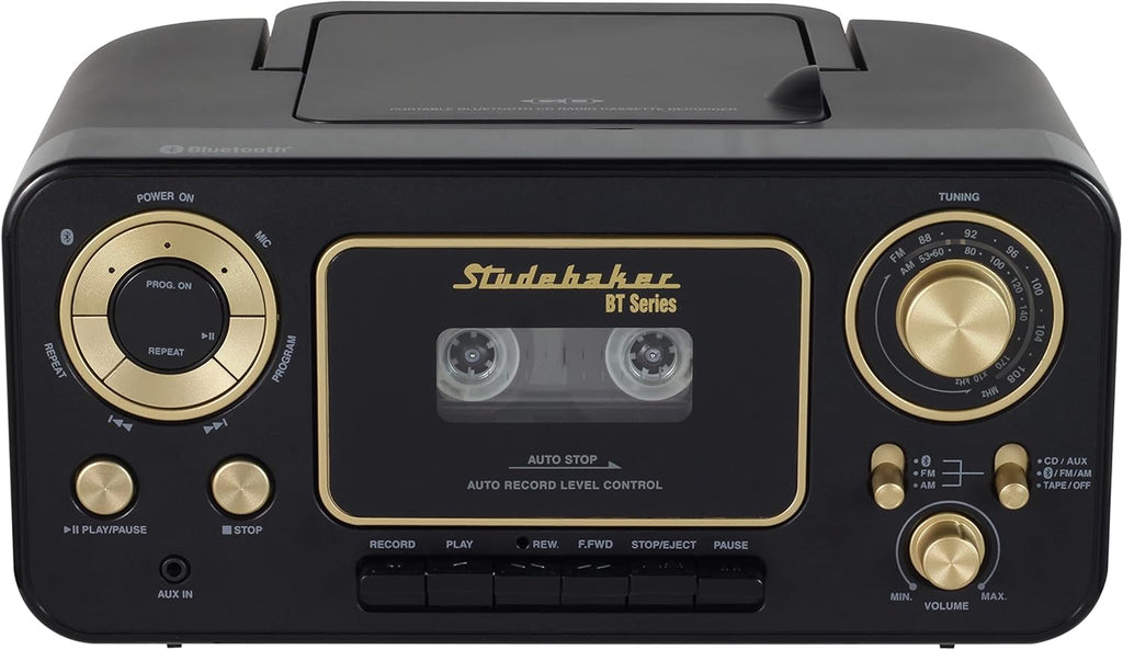 Studebaker Bluetooth Portable Stereo CD, AM/FM Stereo Radio and Cassette Player/Recorder (Black & Gold)