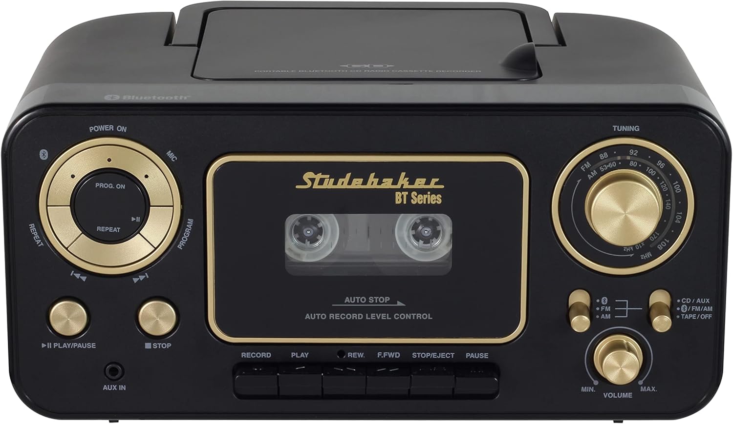 Studebaker Bluetooth Portable Stereo CD, AM/FM Stereo Radio and Cassette Player/Recorder (Black & Gold)