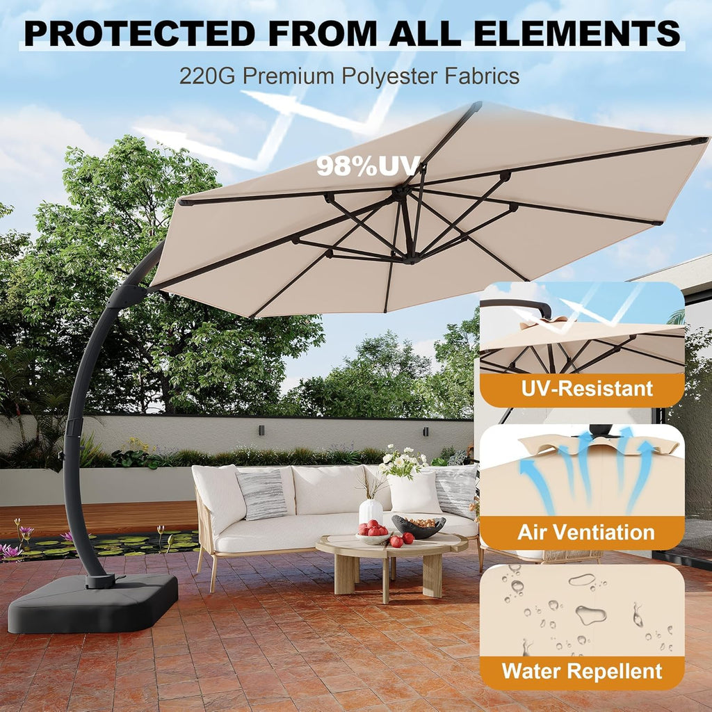 Garvee Outdoor Patio Umbrella with Base Included, 11FT Large Sun Shade Cantilever Umbrella with 360° Rotation, Aluminium Curved Cantilever Umbrella Heavy Duty for Patio Garden Backyard