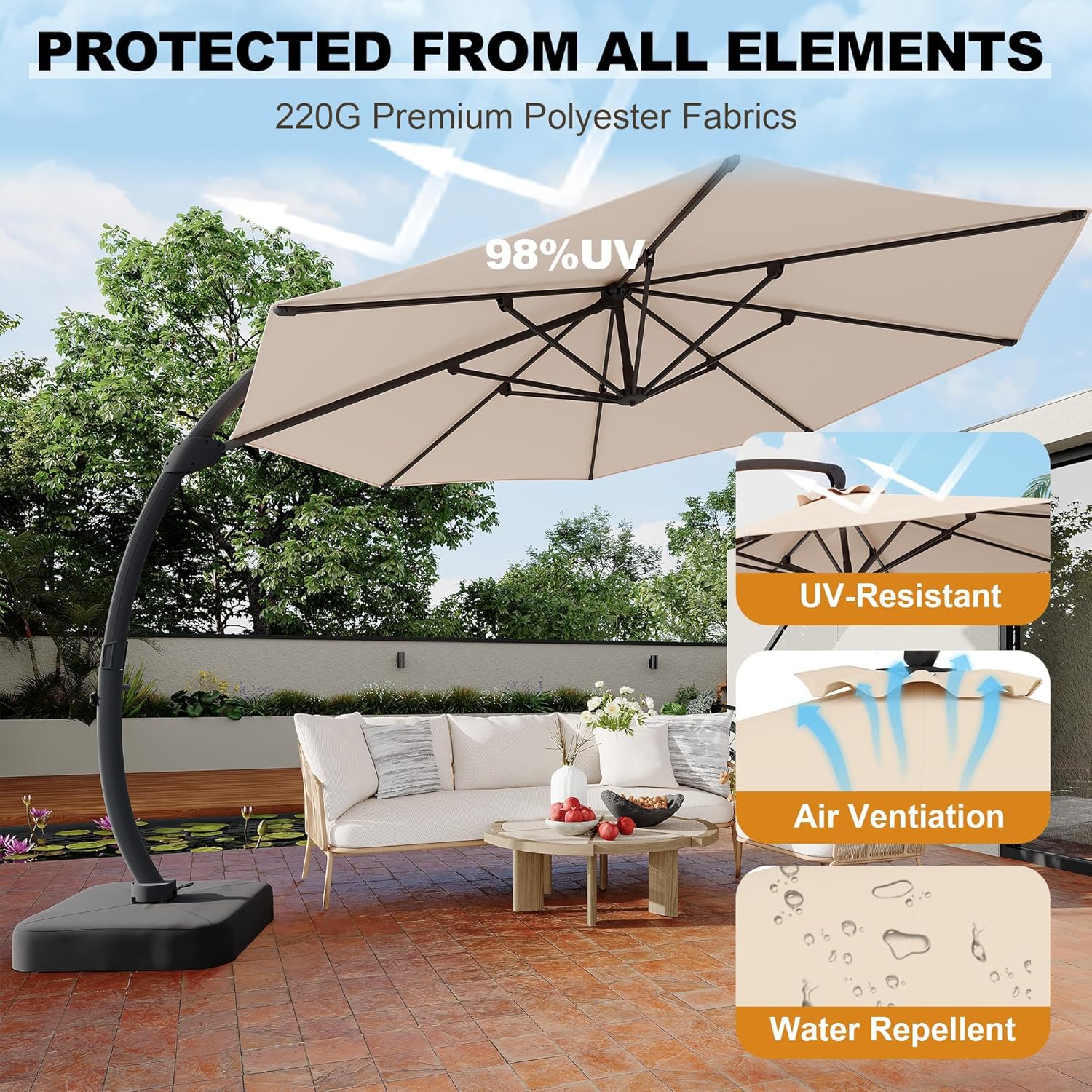 Garvee Outdoor Patio Umbrella with Base Included, 11FT Large Sun Shade Cantilever Umbrella with 360° Rotation, Aluminium Curved Cantilever Umbrella Heavy Duty for Patio Garden Backyard