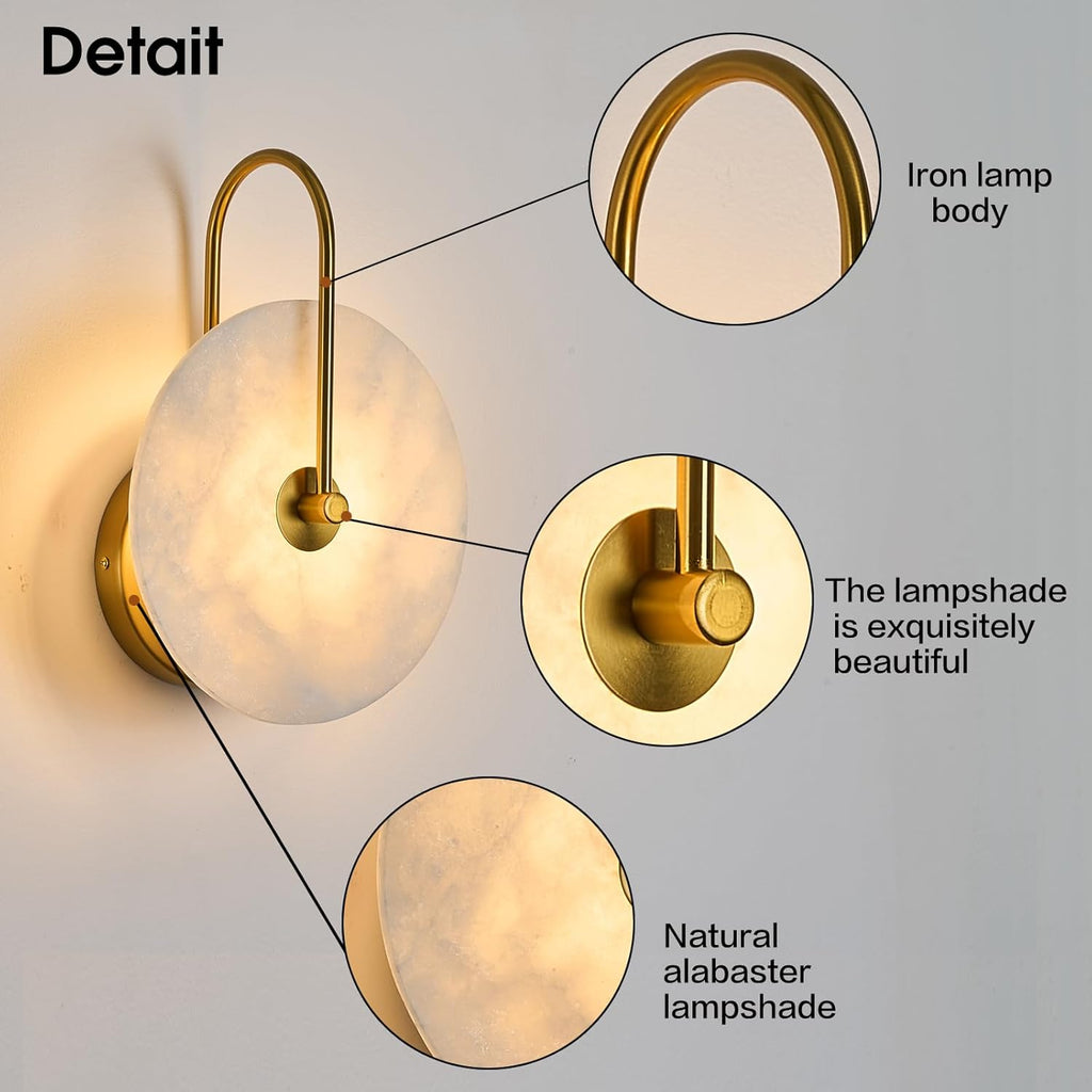 Round Alabaster Wall Sconce Set of Two, Natural Marble Lampshade Wall Sconce, Hardwired Circular Sconce LED Modern Wall Lamp for Bedroom, Stairs, Living Room, Bedside, Hallway