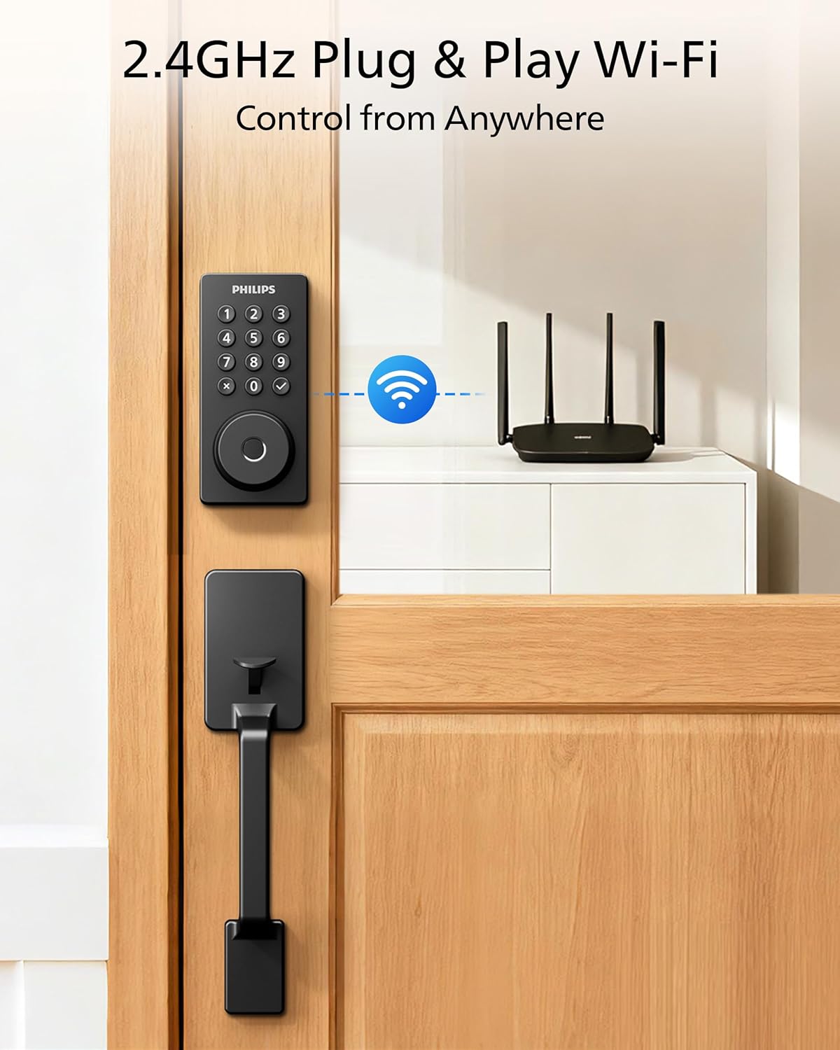 Philips Wi-Fi Smart Door Lock with Handle Set, Keypad Deadbolt for Front Door, Fingerprint Keyless Entry Door Lock with App Remote Control, IP53 Waterproof, Auto Lock, Security Easy Installation