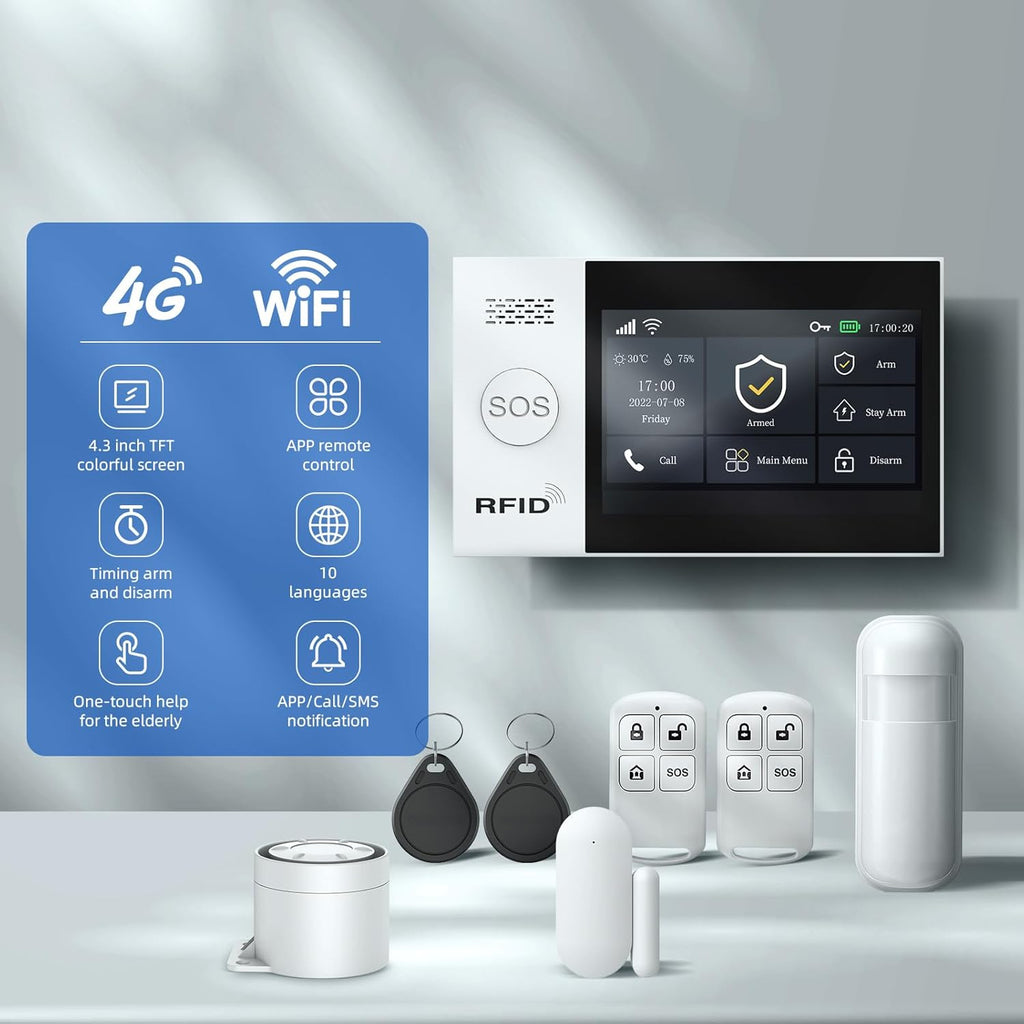 Alarm System for Home Security with Camera, Wireless Security System with 4.3' Wireless fulltouch Screen Compatible with Alexa and Google for Home, Flat