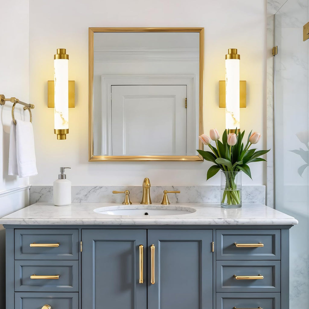 15.4" Gold Wall Sconces Set of 2, Modern Bathroom Sconces with Resin Shade, 5CCT Dimmable LED Wall Lights 14W for Bedroom, Living Room, Hallway