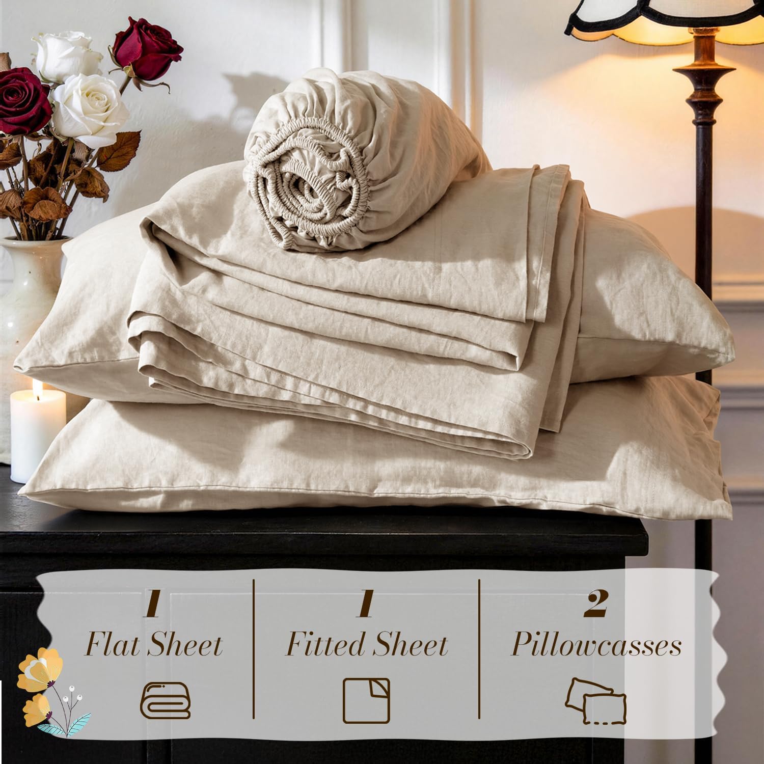 SONORO KATE 100% French Pure Linen Queen Size Sheets, Breathable and Durable Linen Bed Sheets, Anti-Tear, Machine Washable, 16 Inch Deep Pocket - 4 Piece (Natural Linen)