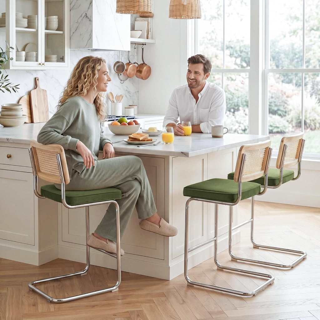 Zesthouse Natural Rattan Bar Stools Set of 2, 26'' Modern Boho Counter Height Barstools with Solid Wood Back, Mid Century Counter Stools with Velvet Cushion, Cane Back Island Chairs for Kitchen, Green