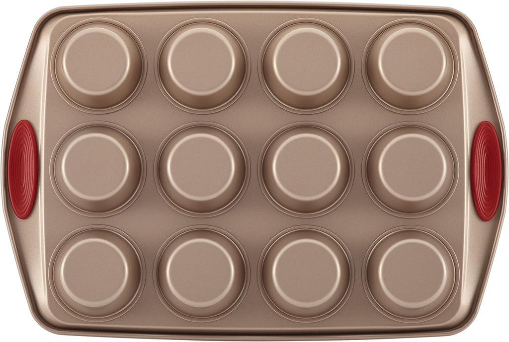 Rachael Ray Cucina Nonstick Bakeware Set Baking Cookie Sheets Cake Muffin Bread Pan, 10 Piece, Latte Brown with Cranberry Red Grips