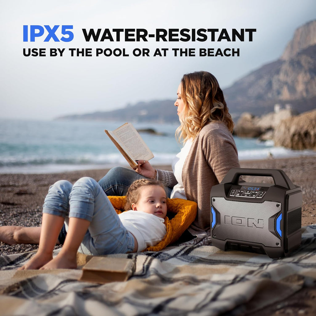 ION Tailgater Boom - Outdoor Portable Bluetooth Speaker with Mic in, FM Radio, USB Port, Battery, IPX5 Water-Resistant, Wireless Stereo-Link, App, 60W