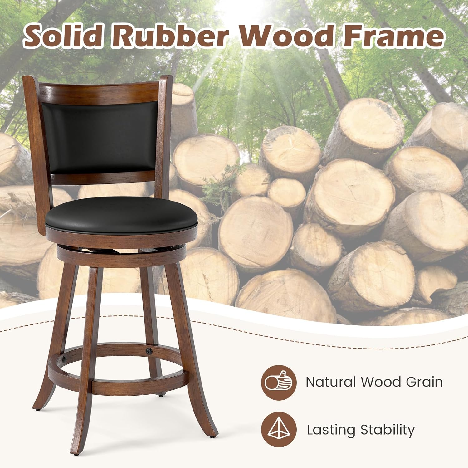 COSTWAY Bar Stools Set of 2, 360 Degree Swivel, Accent Wooden Swivel Seat Counter Height Bar Stool, Leather Upholstered Design, PVC Cushioned Seat, Perfect for Dining and Living Room (Height 24")