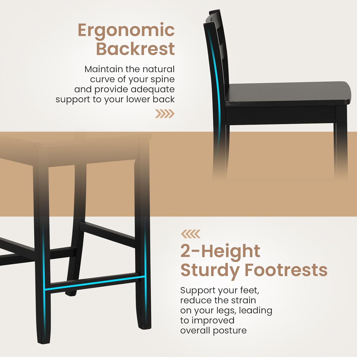 COSTWAY Wooden Bar Stools Set of 2, 24-Inch Counter Height Stools with Ergonomic Backrest & Footrest, Farmhouse High Dining Chairs for Kitchen Island, Pub, Cafe (2, Black)
