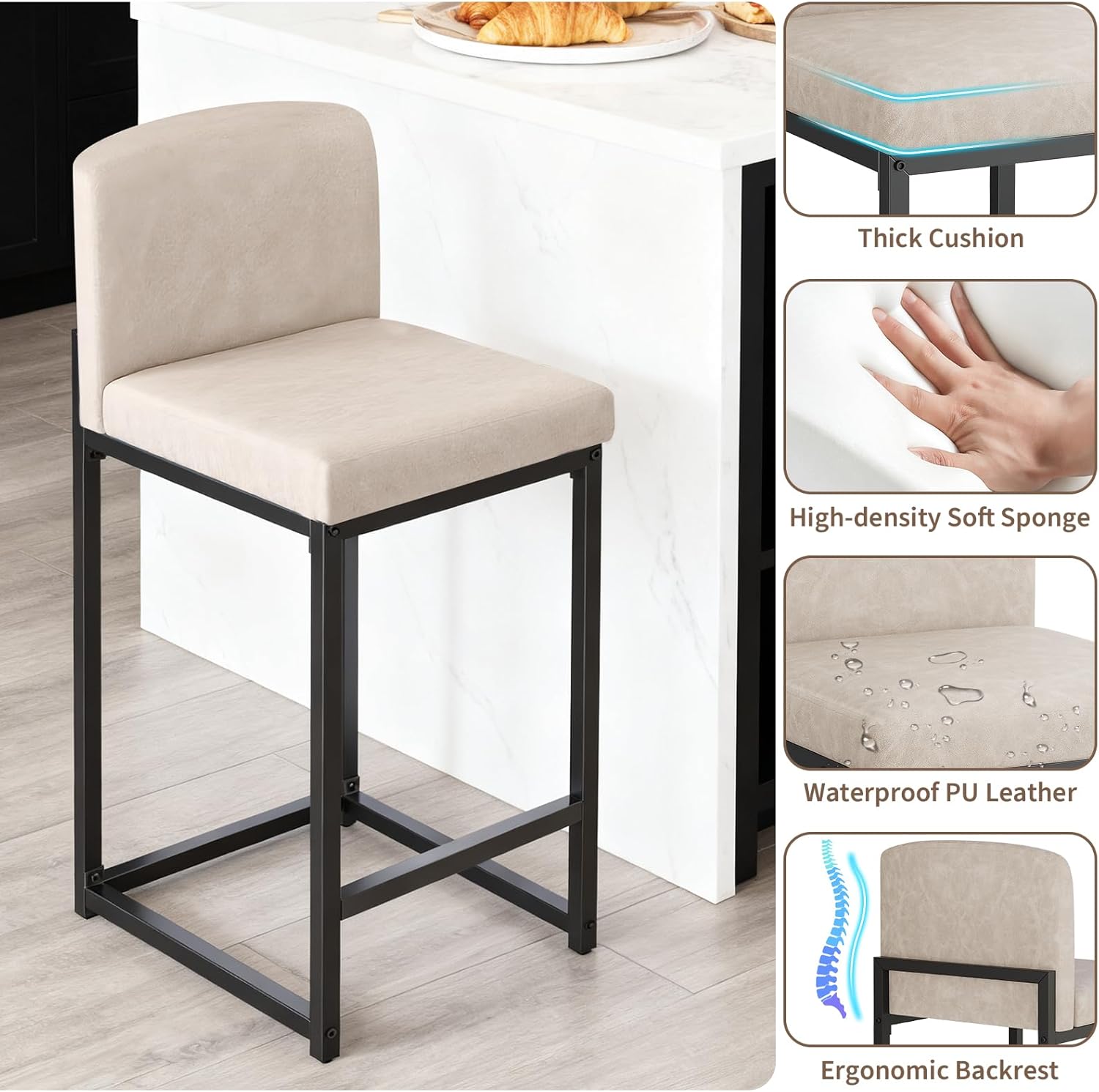 GarveeHome Bar Stools Set of 4, Modern Counter Height Bar Stools with Back and Footrest, Faux Leather Upholstered Barstools Chairs for Kitchen Island Dining Room Bar, Beige