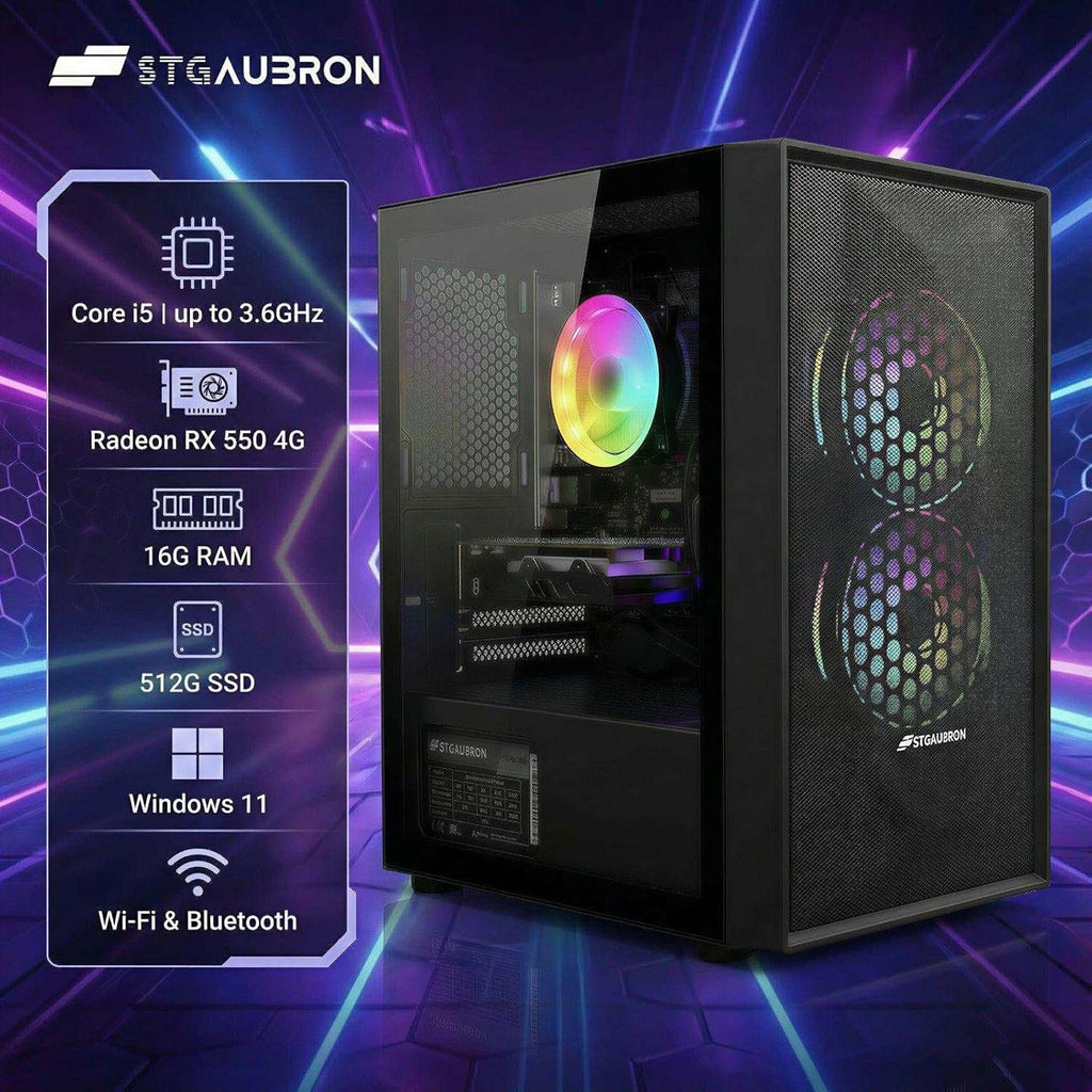 STGAubron Prebuilt Gaming PC Desktop, Radeon RX 550 4G, Intel Core i5 up to 3.6GHz, 16G RAM, 512G SSD, WiFi 6, BT 5.0, RGB Fan x2, Windows 11 Home