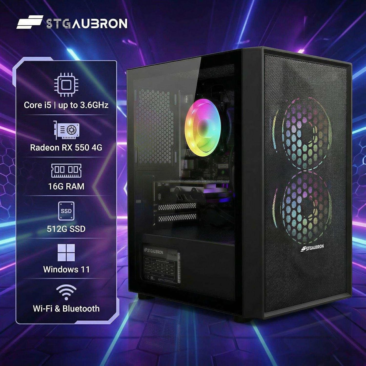 STGAubron Prebuilt Gaming PC Desktop, Radeon RX 550 4G, Intel Core i5 up to 3.6GHz, 16G RAM, 512G SSD, WiFi 6, BT 5.0, RGB Fan x2, Windows 11 Home