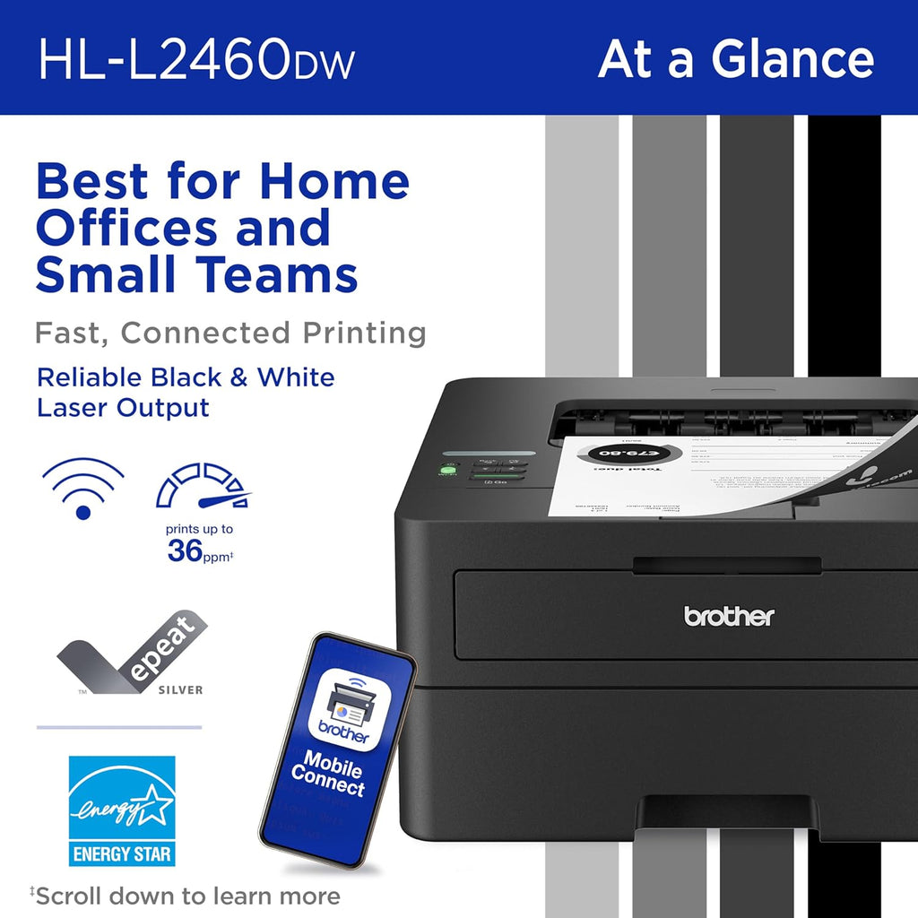 Brother HL-L2460DW Wireless Compact Monochrome Laser Printer with Duplex, Mobile Printing, Black & White Output | Includes Refresh Subscription Trial(1), Works with Alexa