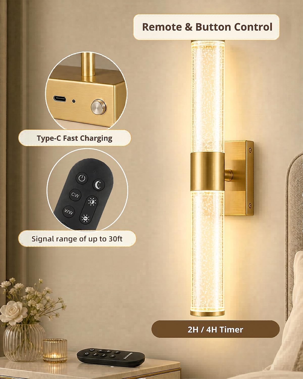 Wall Sconces Set of Two,Guwikou Battery Operated Wall Sconce with 16000mAh Large Capacity,Smart Auto-Off,Rechargeable Wall Lights with 30ft Control rang for Bedroom, Living Room,Bathroom,15.8- Inch