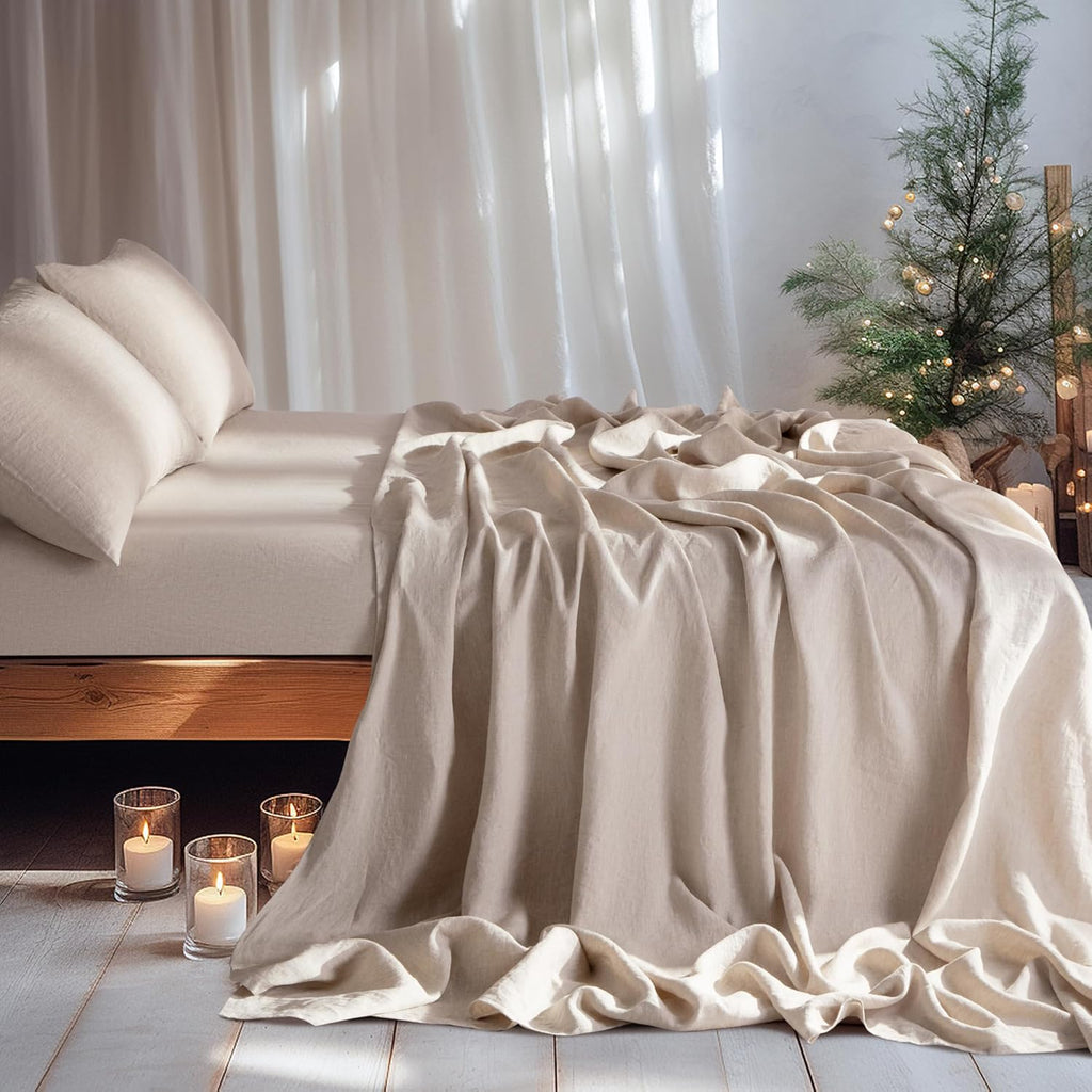 LBRO2M 100% Pure Linen Sheet Set Deep Pocket Up to 16" Bed Sheets Sets, Natural Flax Beddings Soft, Breathable, Comfortable for All Seasons 4 Pcs Sheet Set Queen Size, Linen