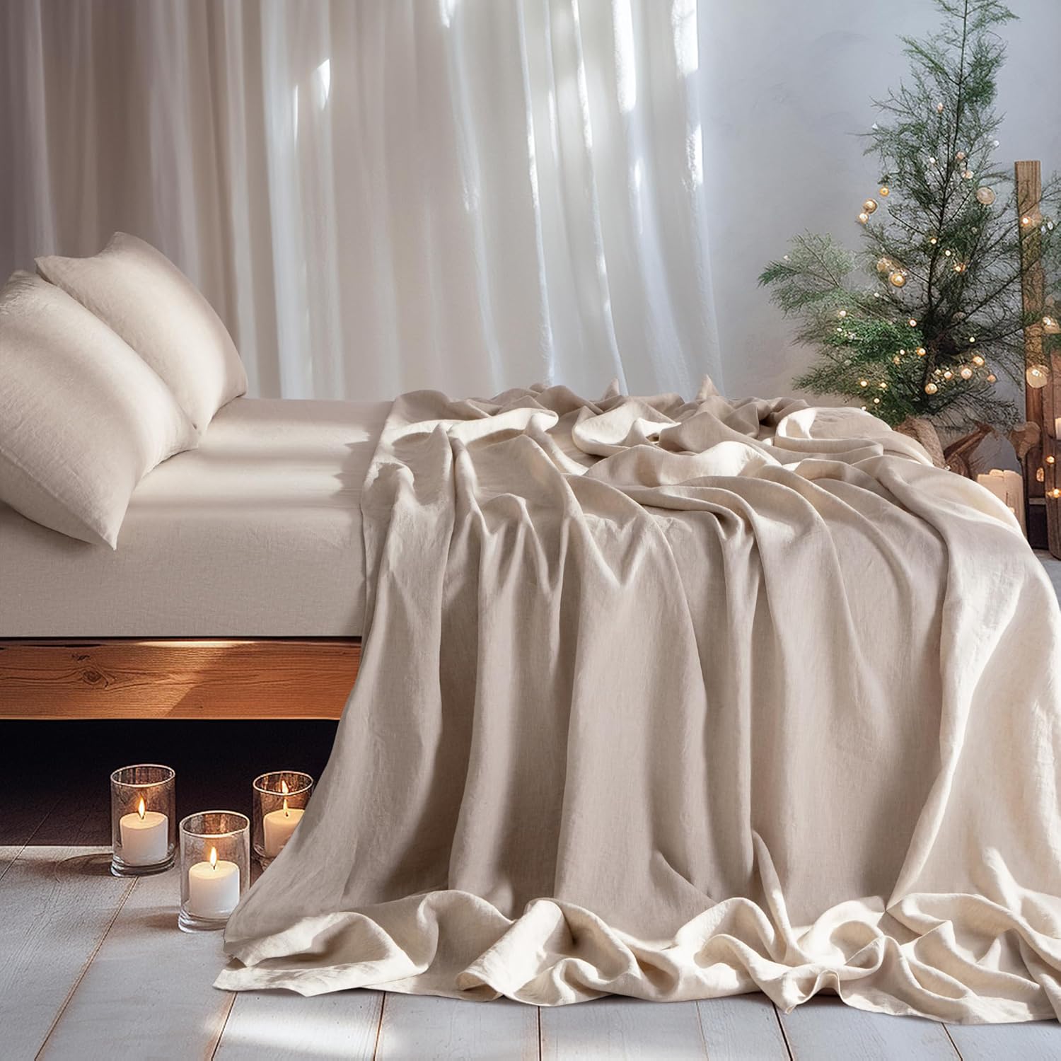 LBRO2M 100% Pure Linen Sheet Set Deep Pocket Up to 16" Bed Sheets Sets, Natural Flax Beddings Soft, Breathable, Comfortable for All Seasons 4 Pcs Sheet Set Queen Size, Linen