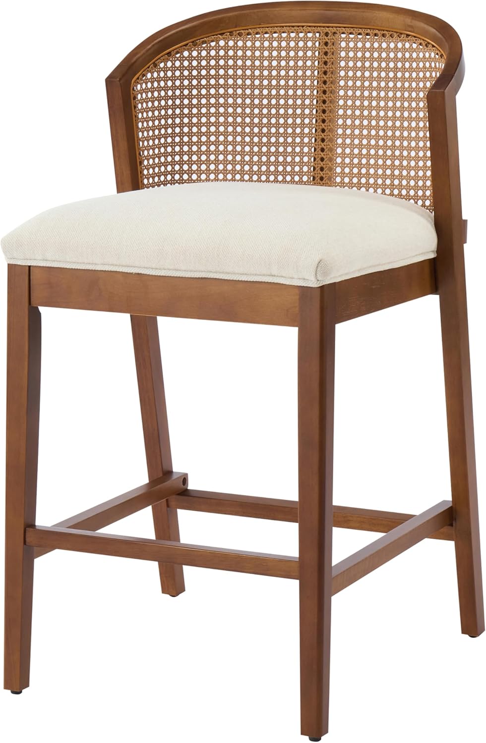 Christopher Knight Home Jane Rattan Counter Stools Set of 4, Counter Height Bar Stools for Bar Table, Rubberwood Frame with Upholstered Barstools, Wood Accent Chair with Footrest, Beige + Walnut