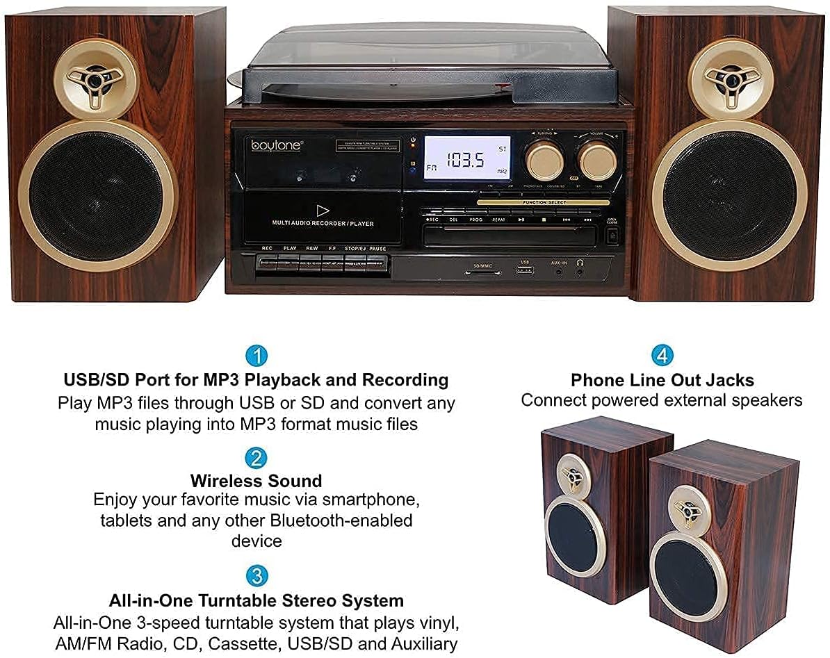 Boytone BT-28SPM, Bluetooth Classic Style Record Player Turntable with AM/FM Radio, CD / Cassette Player, 2 Separate Stereo Speakers
