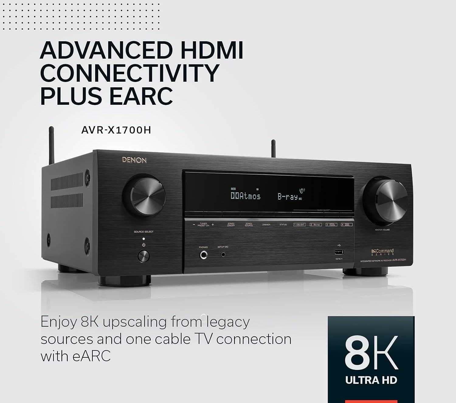 Denon AVR-X1700H 7.2ch 8K Home Theater Receiver with 3D Audio, Voice Control, and HEOS Built-in (Renewed)