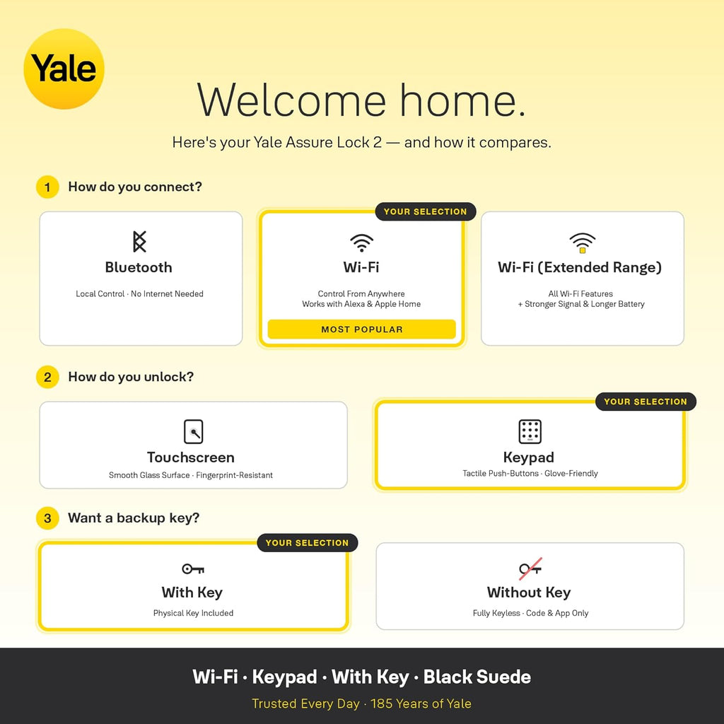 Yale Security Assure Lock 2 Deadbolt, Black Suede Keyed Smart Entry Door Lock with Wi-Fi Connected Keypad for Code Entry and Remote Access, YRD410-WF1-BSP