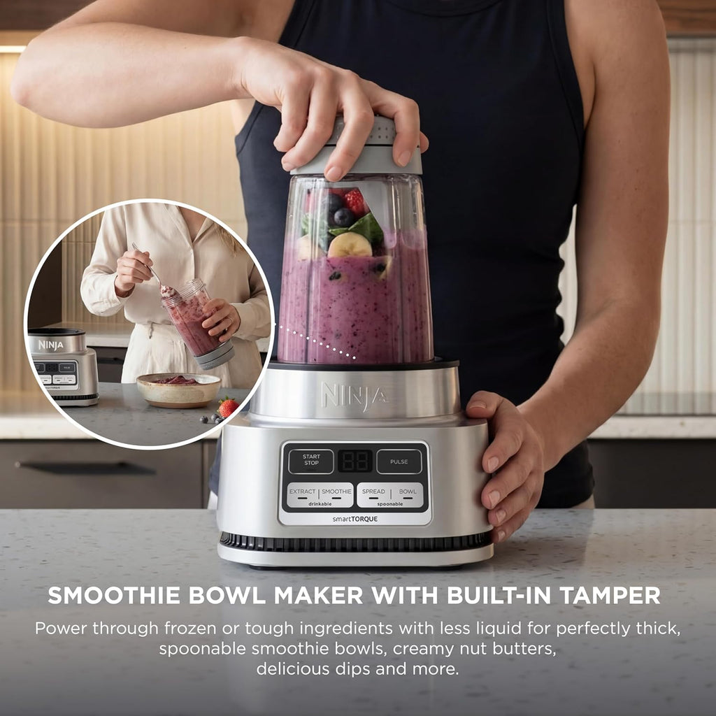 Ninja Foodi Personal Blender | Smoothie Bowl Maker with Storage Lid, Nutrient Extractor and Mixer | 1200-Peak-Watt smartTORQUE Motor | Hybrid Edge Blades, (2) 24-oz. Cups | Silver | SS101