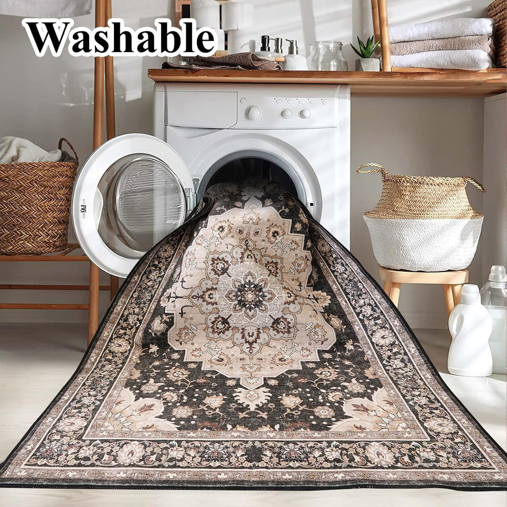 Washable Living Room Area Rug: 8x10 Oriental Stain Resistant Rugs for Living Room Medallion Non-Slip Carpet for Dining Room Soft Distresses Floor Mat for Bedroom Home Office (8x10 Black)