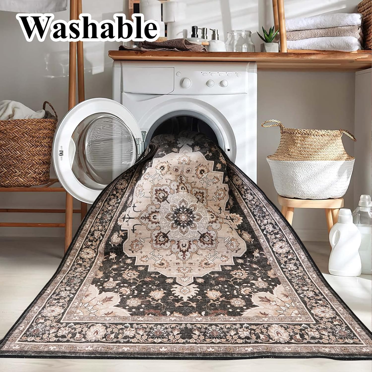Washable Living Room Area Rug: 8x10 Oriental Stain Resistant Rugs for Living Room Medallion Non-Slip Carpet for Dining Room Soft Distresses Floor Mat for Bedroom Home Office (8x10 Black)