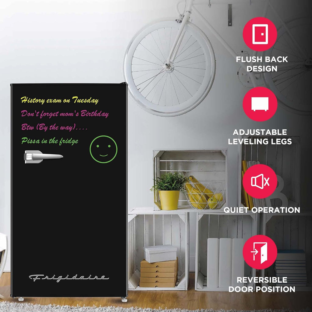 Frigidaire EFR331 Single Door Compact Refrigerator - Adjustable Thermostat Control - Reversible Doors - Front Blackboard, Write and Erase - Ideal for Dorm, Office, RV, Room - Black, 3.2 Cubic Feet