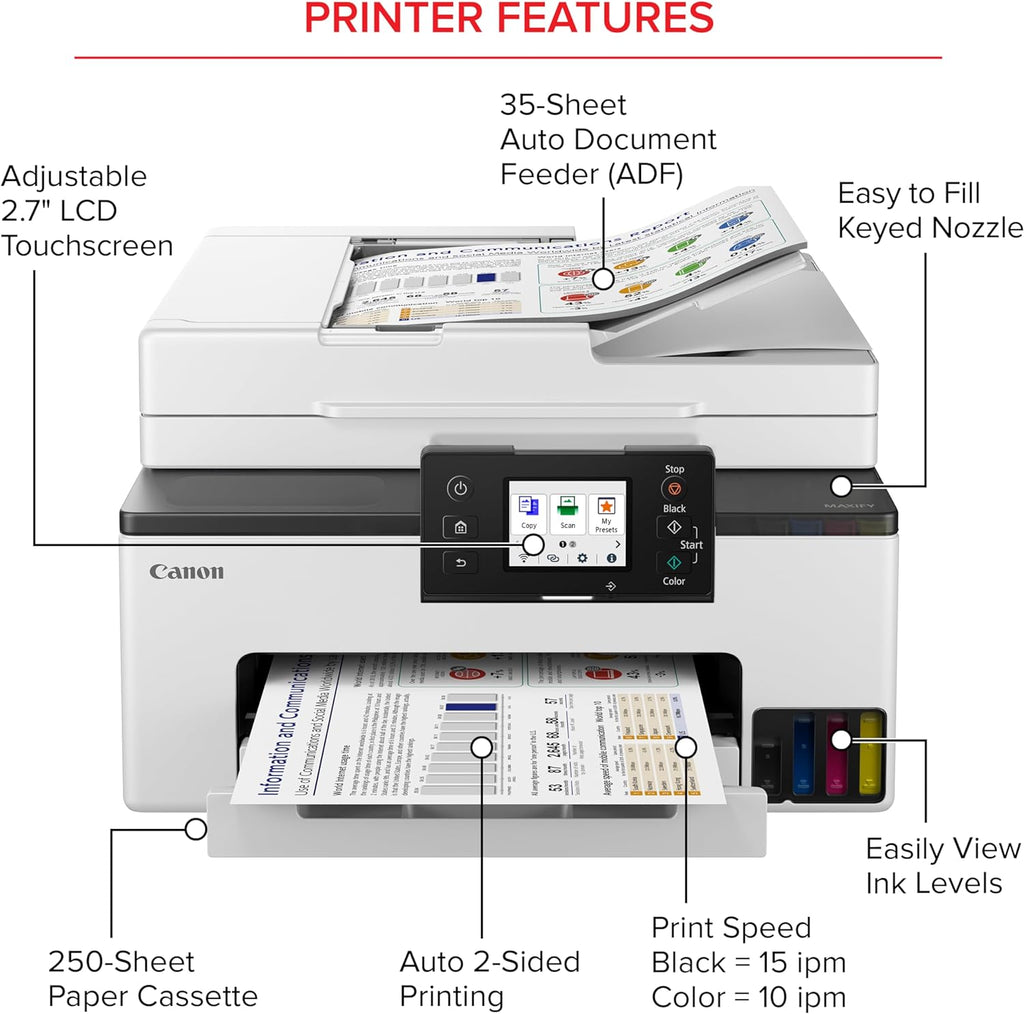 Canon MegaTank MAXIFY GX2020 All-in-One Wireless Color Printer – Print, Copy, Scan with Duplex Printing – Refillable Tank System, Compact Desktop Design – Wireless Print Scan Copy for Home & Office