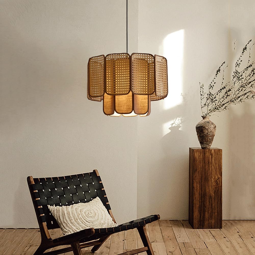 2 Tier Curry Round Linen Hanging Lamp Wabi-sabi Style Creative LEDE27 Base Rattan Pendant Lightled Bedroom Dining Room Living Room Single Head Chandeliers Tea Room Cafe Hot Pot Shop Lighting