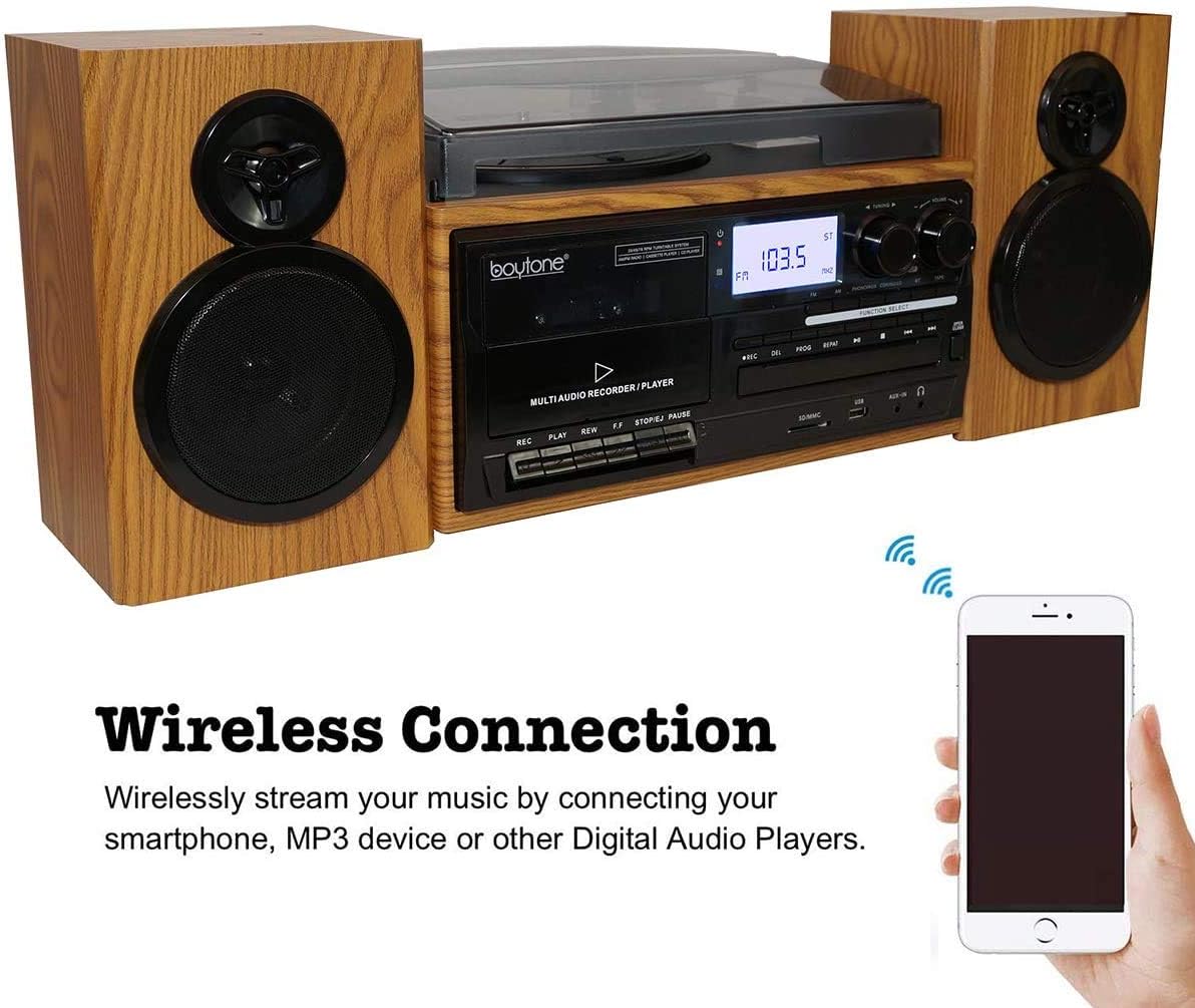 Boytone BT-28SPW Bluetooth Classic Record Player Turntable All-in-One with AM/FM Radio, CD/Cassette Player, 2 Separate Stereo Speakers, Record from Vinyl, Radio, and Cassette to MP3, SD slot, USB, AUX