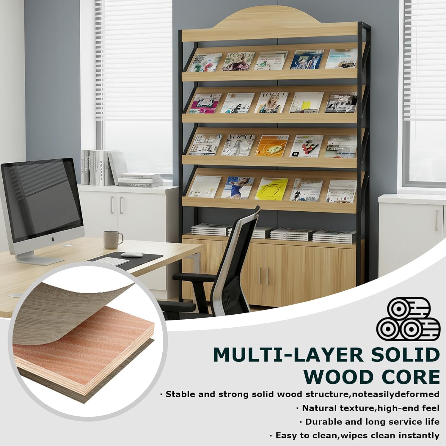 Magazine Rack Floor, 3/4-Tier Floor Magazine Rack with Bottom Storage Cabinet, Sturdy Carbon Steel & Wood Literature Stand, Space-Saving Design for Living Room, Coffee Shop, Office, School