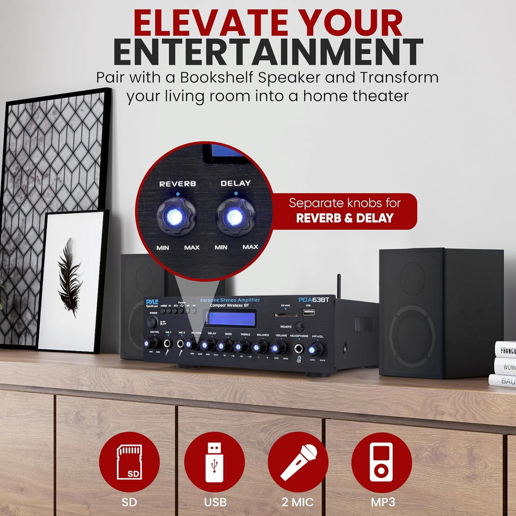 Pyle Wireless BT Stereo Amplifier - Multi Channel, 200 Watt Power, Home Audio Receiver System with FM Radio, BT, USB SD, AUX, RCA, Mic-in, BT and FM Antenna
