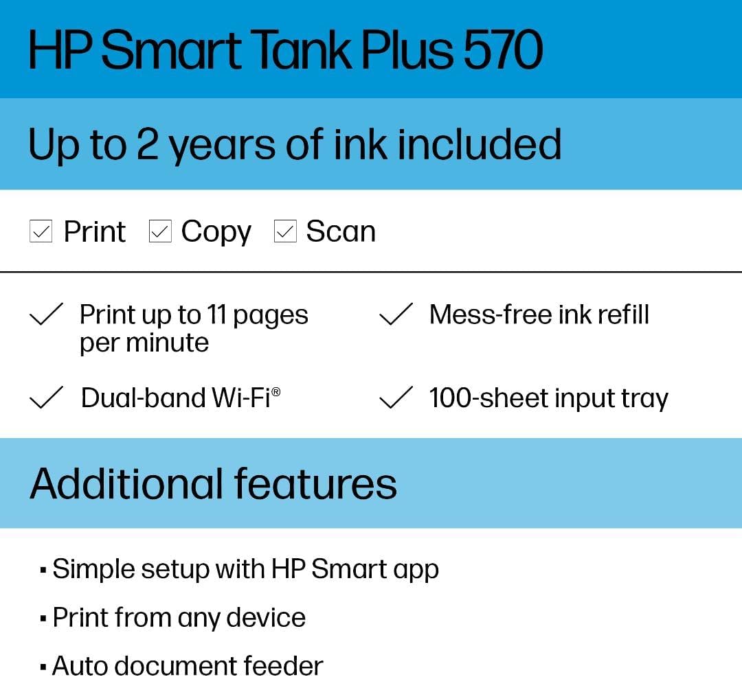 HP Smart Tank Plus 570 Wireless All-in-One Ink Tank Printer with up to 2 Years of Ink Included (5HX14A)