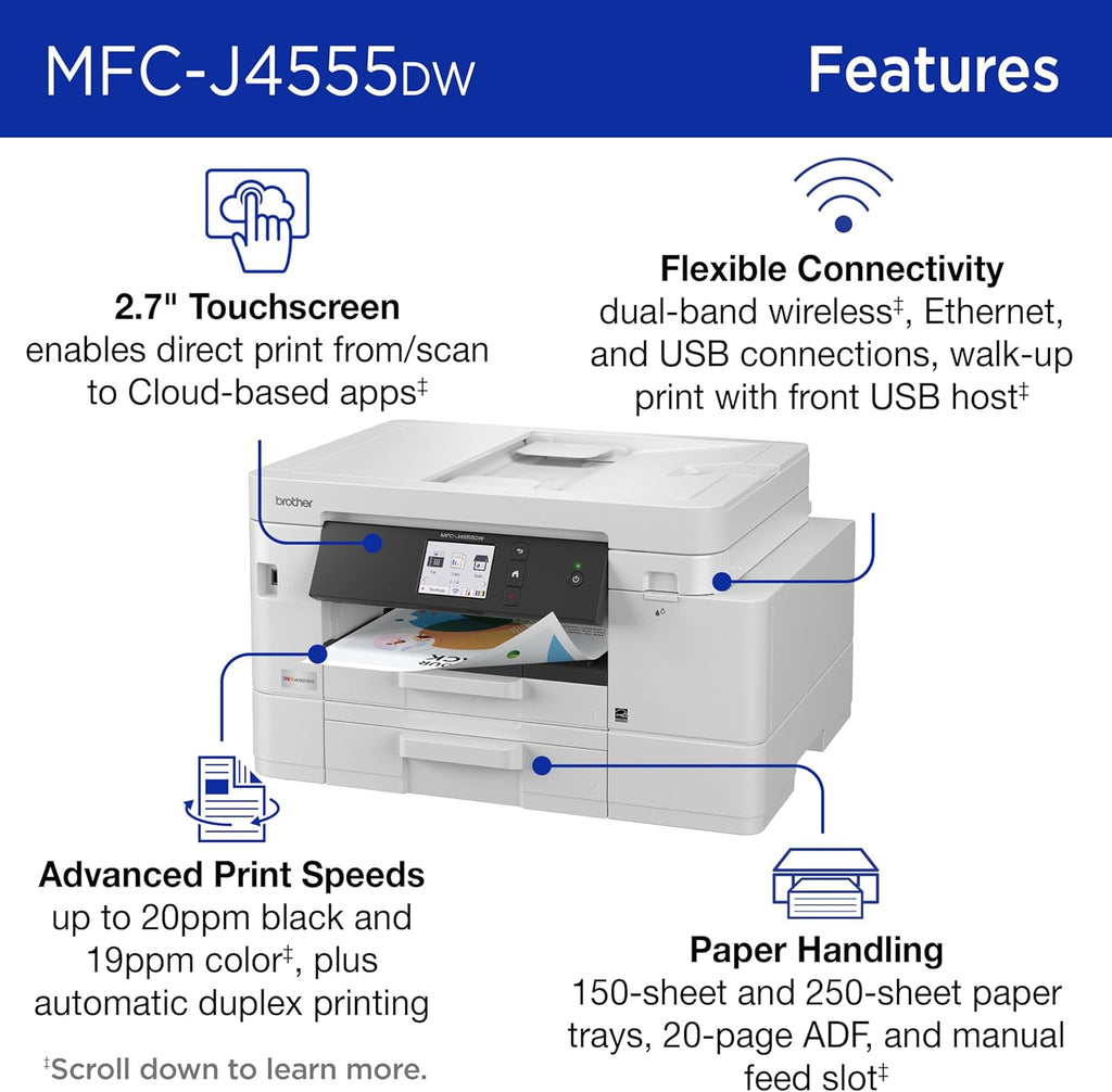 Brother INKvestment 4555 Wireless Color Inkjet All-in-One Printer with 2.7” Color Touchscreen and 2 Paper Trays | Includes Refresh Subscription Trial(1) (MFC-J4555DW)