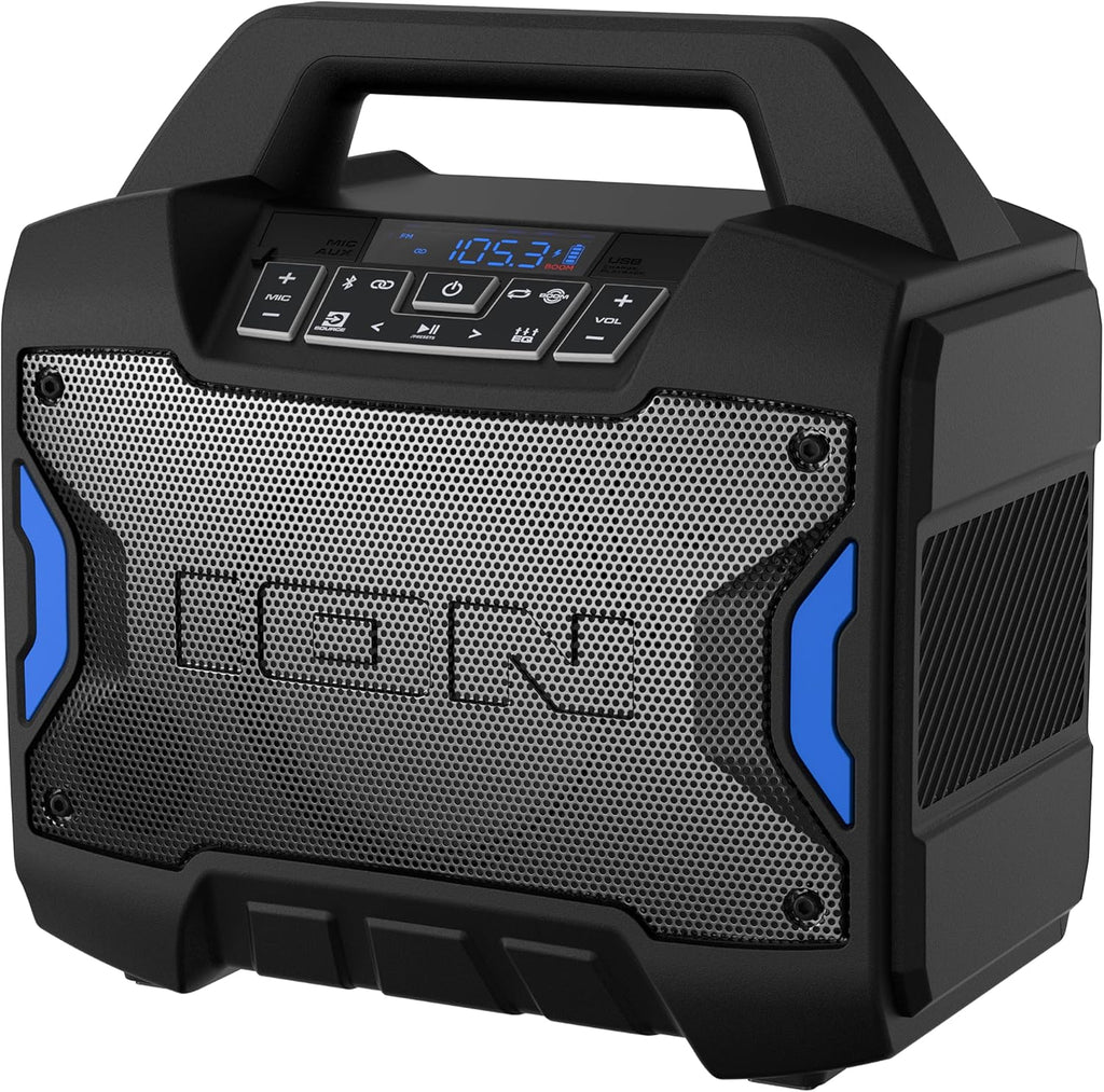 ION Tailgater Boom - Outdoor Portable Bluetooth Speaker with Mic in, FM Radio, USB Port, Battery, IPX5 Water-Resistant, Wireless Stereo-Link, App, 60W