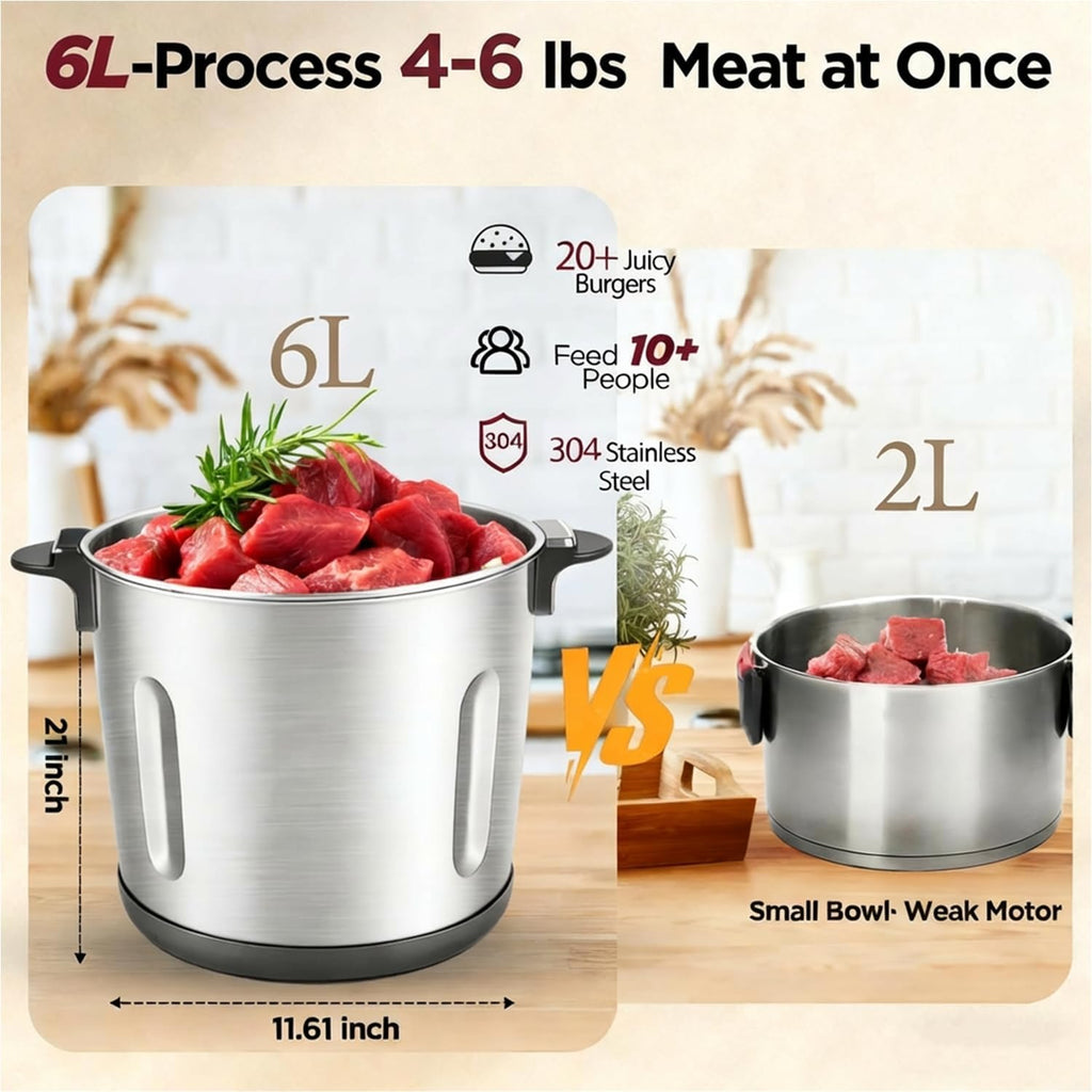 Food Processor 6L Large Capacity,1200W Heavy Duty Electric Meat Grinder for Frozen Meat,Vegetable and Nuts with 3-Layer Blades & Stainless Steel Bowl,Dishwasher Safe,for Family BBQ(6L/25CUP)