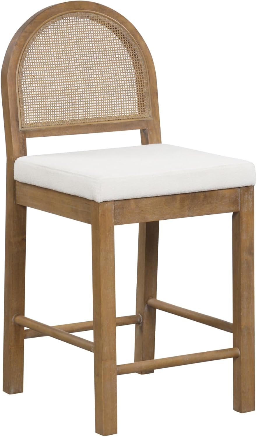 Nathan James Bailey Boucle Upholstered Rattan Bar Stool, Counter Height Stool with Natural Rattan Woven Back For Kitchen Island, Light Brown, Set of 4