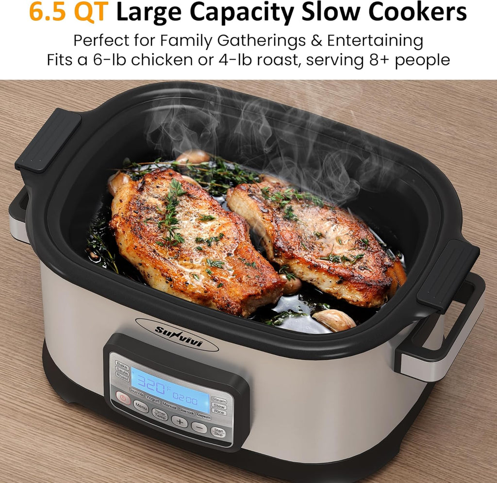Sunvivi Slow Cooker Roaster Oven 6.5 Quart, 11 in 1 Programmable Multi-Cooker with Digital Timer, Temp Control, Keep Warm, Removable Nonstick Pot & Dishwasher-Safe Glass Lid, Sliver