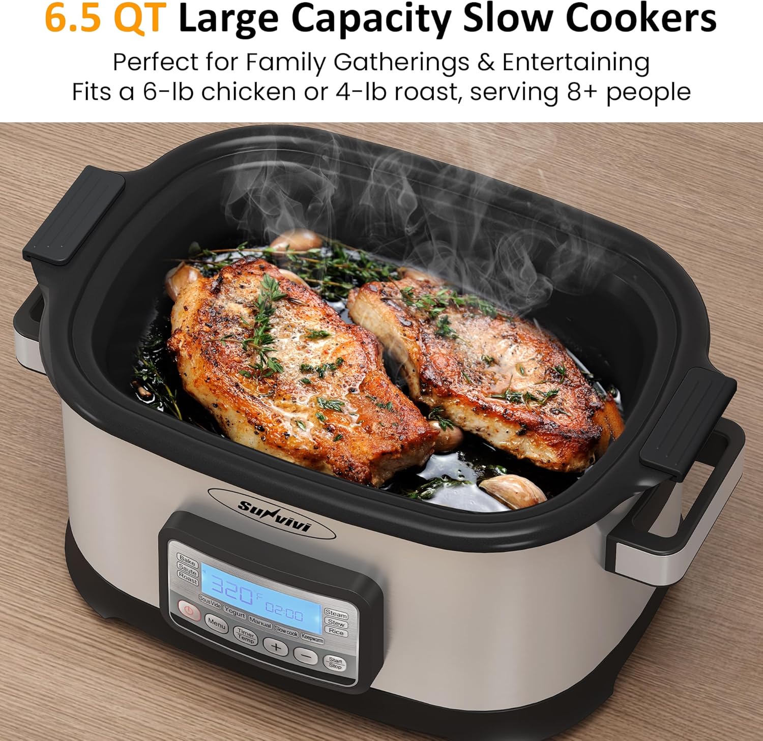 Sunvivi Slow Cooker Roaster Oven 6.5 Quart, 11 in 1 Programmable Multi-Cooker with Digital Timer, Temp Control, Keep Warm, Removable Nonstick Pot & Dishwasher-Safe Glass Lid, Sliver