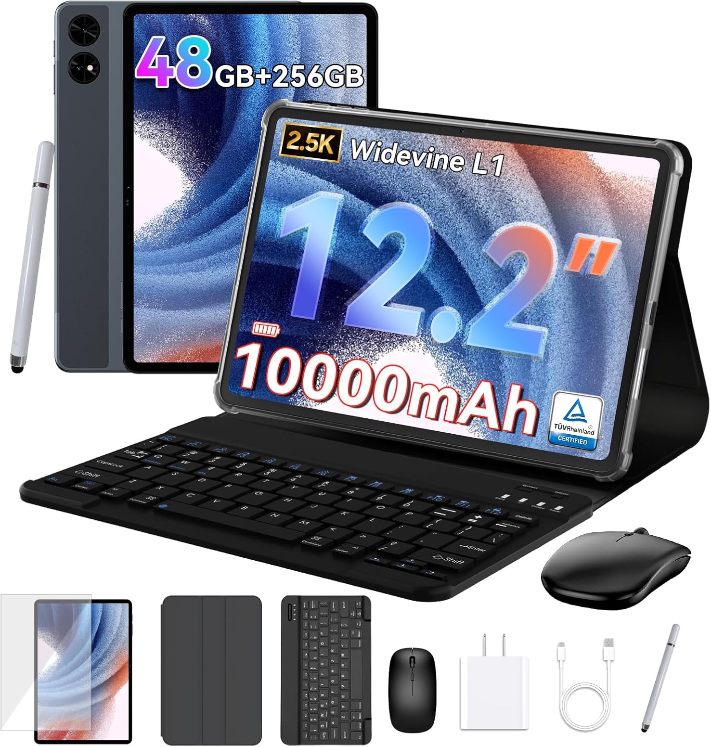 2026 upgrated 12 inch Tablet, Android 16 Tablet with Keyboard, 2K QHD Display for High-Res Gaming/Art/Productivity,with Wideline, 48GB+256GB+2TB, 5G WiFi/Octa-Core/10000mAh/GMS/GPS-4-year Warranty