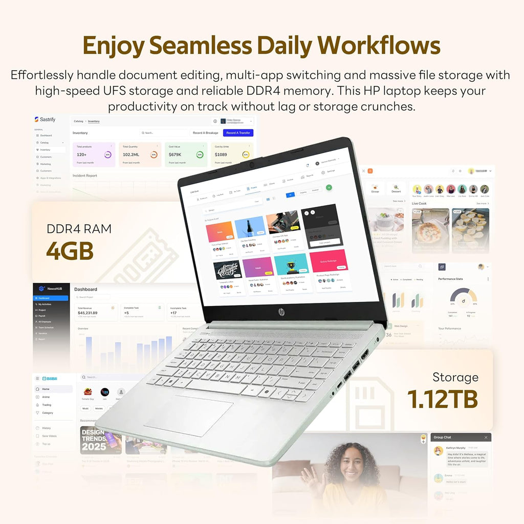 HP Stream 14" HD Laptop with AI Copilot, Intel Processor N150, 4GB RAM, 1.12TB Storage (128GB UFS + 1TB Docking Station Set), Intel Graphics, 1 Year Office 365, Wi-Fi 6, Win 11, Green