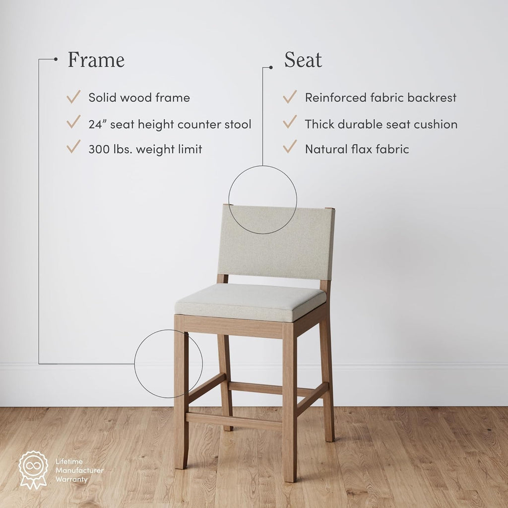Nathan James Linus Modern Upholstered Counter Height Bar Stool with Back and Solid Rubberwood Legs in a Wire-Brushed Light Brown Finish, Natural Flax/Brown, Set of 2