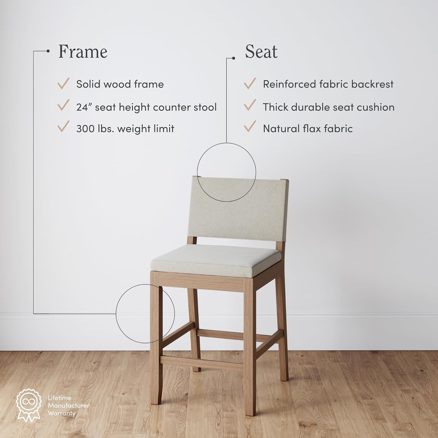 Nathan James Linus Modern Upholstered Counter Height Bar Stool with Back and Solid Rubberwood Legs in a Wire-Brushed Light Brown Finish, Natural Flax/Brown, Set of 2