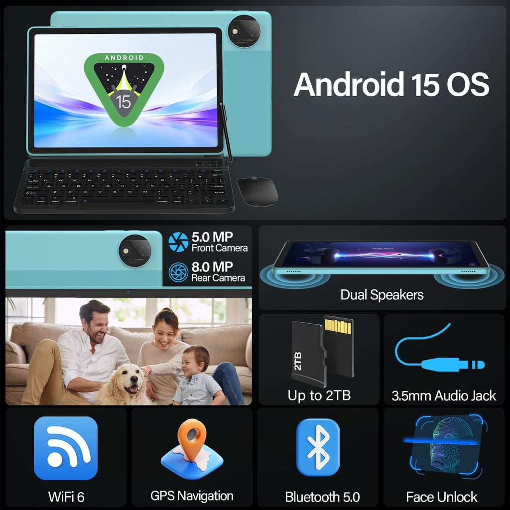 Android 15 Tablet with Keyboard, 11 Inch Tablets 20GB RAM 128GB Storage (2TB TF), Octa-Core Processor, WiFi 6, 8000mAh, GMS Certified 2-in-1 Laptop Style, Mouse, Case & Stylus Included, Blue Set