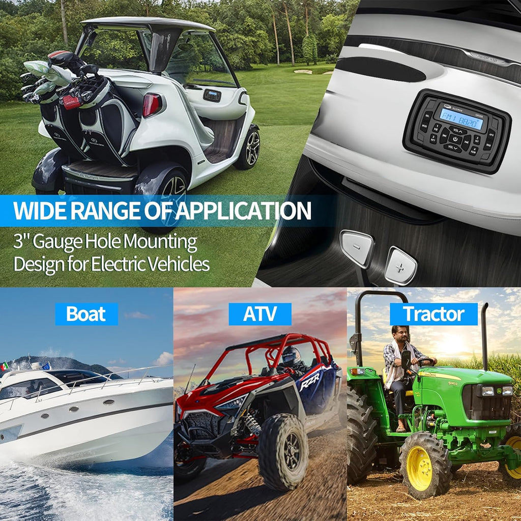 Marine Audio System Waterproof Bluetooth FM/AM Radio Stereo Receiver with 4 inch Boat Speakers and Antenna – Ready for ATV, UTV, RV, Yacht