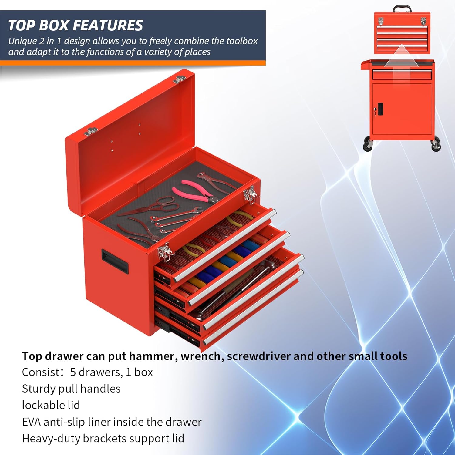 5-Drawer High Capacity Rolling Tool Chest, Removable Cabinet Storage Tool Box with Wheels and Drawers, Detachable Toolbox with Lock for Mechanics Garage Workshop and Tool Room (Red)